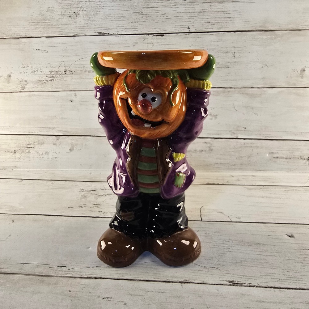 Halloween Pumpkin Man Ceramic Pedestal Candy Dish Candle Holder Figurine 8 Inch